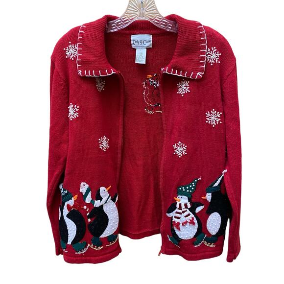 Ice Skating Penguins M Sweater Zip Front Ugly Christmas Sweater CARLY ST. CLAIRE - Picture 11 of 13